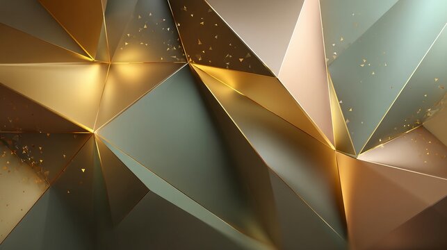Elegant low poly geometric background blending olive green and matte gold tones with polygonal lines on recycled wood texture, featuring eco luxury design and warm ambient light for text space.