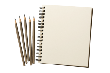 A spiral-bound sketchbook with blank white pages lies next to a group of graphite pencils against a transparent background. Ideal for art, design