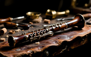 Naklejka premium Vintage wooden clarinet in a luthier's rustic repair workshop 