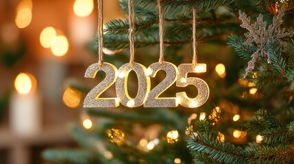 Glowing 2025 Ornamented Evergreen Christmas Tree for New Year Celebration with Blurred Background