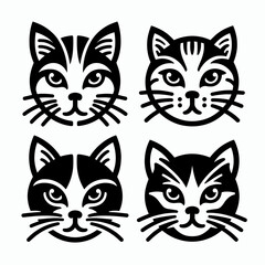 Cute Black & White Cat Face Icons Set - Minimalist Feline Logo Emblems with Text Placeholders, Simple Pet Vector Pack EPS10 Illustration