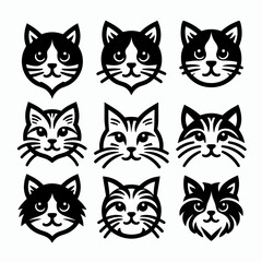 Cute Black & White Cat Face Icons Set - Minimalist Feline Logo Emblems with Text Placeholders, Simple Pet Vector Pack EPS10 Illustration
