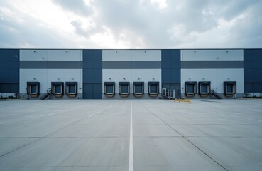 Obraz premium Exterior of modern distribution warehouse. Logistics center building. Gray asphalt parking. Building with many loading docks. Cloudy sky above industrial zone. Logistic business background.