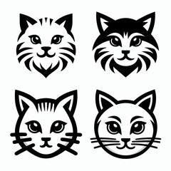 Cute Black & White Cat Face Icons Set - Minimalist Feline Logo Emblems with Text Placeholders, Simple Pet Vector Pack EPS10 Illustration