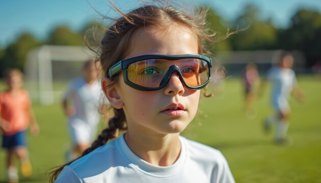 Girl in sport glasses on soccer field. Players run behind. Child with braid looks at camera on playground during football match. Sportive kid wears safety glasses. - Powered by Adobe