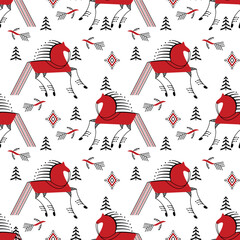 Seamless background with decorative elements of cosmogonic traditional folk of Russia. Mezensky red horse, bird, tree.