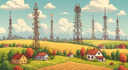 Cartoon Landscape with Cell Towers and Rural Scenery.