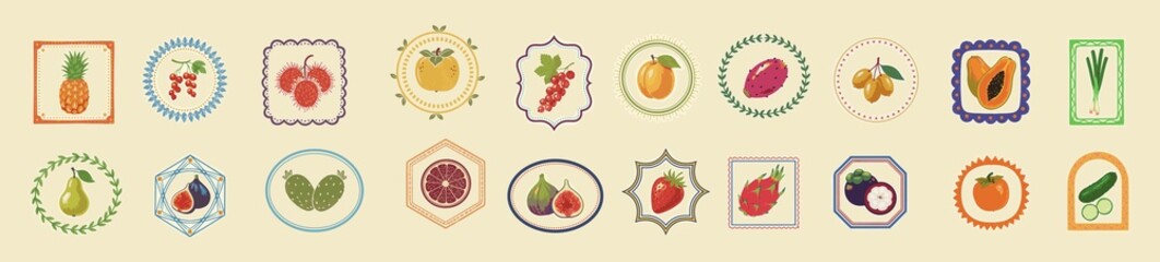 Fruit and vegetable collection, hand drawn food icons, vintage botanical illustration, retro grocery sticker design.