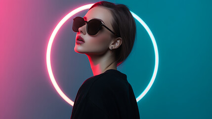 Elegant woman with sunglasses in front of neon circle. Her profile showcases red lips and short hair against a backdrop of glowing pink and teal. Stylish.