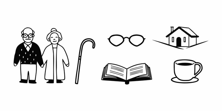 Illustration of an elderly couple holding hands with home, book, glasses, and coffee cup icons