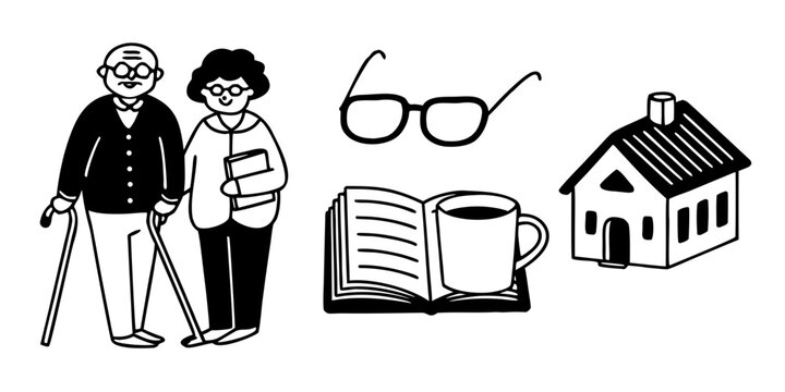 Illustration showing elderly couple with house book coffee and glasses in black and white style - Powered by Adobe