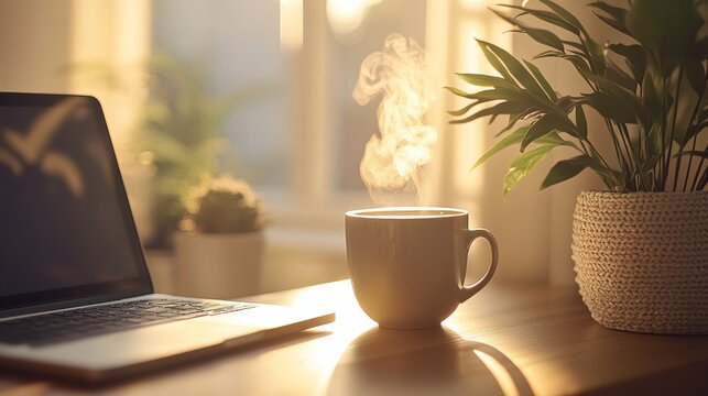 Morning sunlight illuminates steaming coffee cup beside laptop and green plant on wooden desk