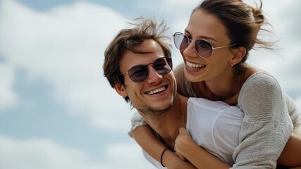 Carefree couple enjoys a joyful piggyback ride in a scenic outdoor setting on a sunny day