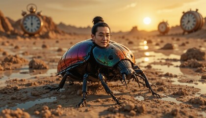Dung Beetle with a Miniature Asian Scholar’s Head – Dalí-esque Surrealism