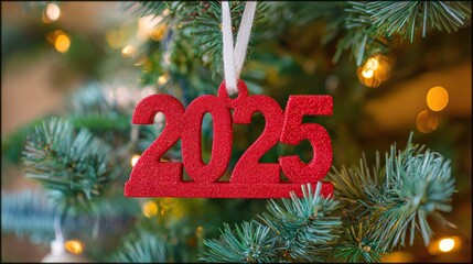 Glowing 2025 Ornamented Evergreen Christmas Tree for New Year Celebration with Blurred Background