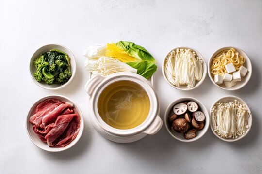 Preparing a delicious hot pot meal with fresh ingredients including vegetables, meats, and noodles in a cozy kitchen setting