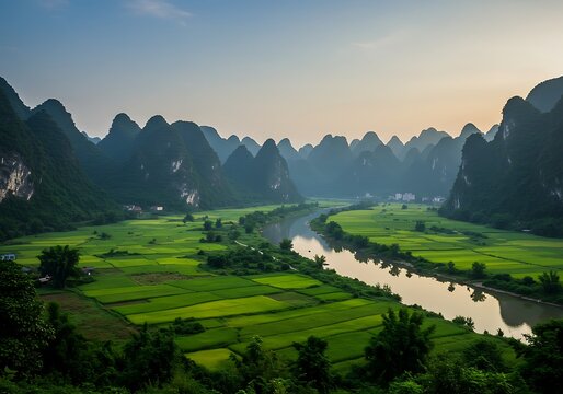 Picturesque Landscape of Guilin, China - River, Mountains, and Green Fields. - Powered by Adobe