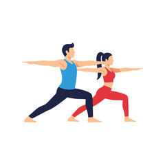 Fototapeta premium Man and woman doing yoga pose stretching arms and legs.