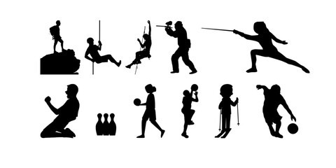 Diverse silhouettes of people enjoying sports and activities, climbing, fencing, paintball, skiing, bowling, basketball, celebrating, sportsmanship, vector