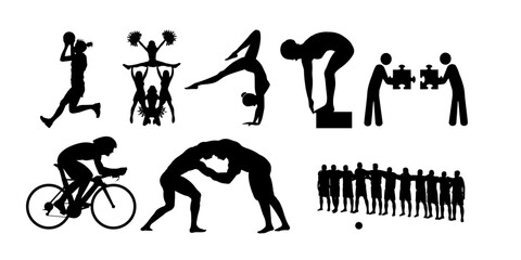 Diverse athletes showcase teamwork, strength, and agility through basketball, gymnastics, cycling, wrestling, and collaborative problem solving activities.