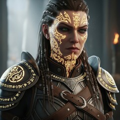 Warrior Woman With Golden Face Markings and Ornate Armor.
