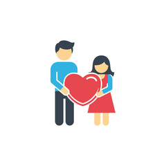 Man and woman holding a red heart together representing love and relationship.