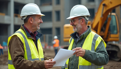 Two construction workers in hard hats and vests talk on site. They examine paper documents near an excavator. Teamwork and planning occur on job.