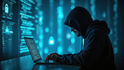 Anonymous hacker in dark hoodie works on laptop. Digital code streams on screen with padlock icons. Cyber crime concept, data breach, internet security threat.