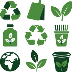 Green recycling symbols and nature icons promoting environmental awareness.