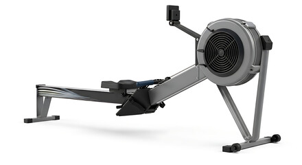 A gray rowing machine isolated on a white background in a studio setting for exercise and fitness ai generated