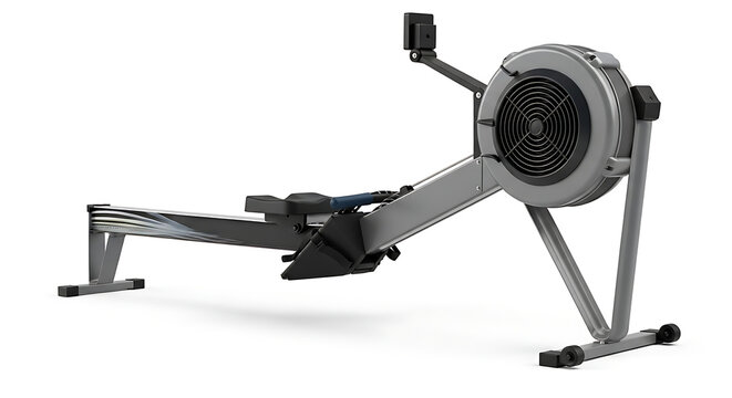 A gray rowing machine isolated on a white background in a studio setting for exercise and fitness ai generated