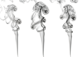 Three abstract swirling smoke forms with detailed textures isolated on transparent background