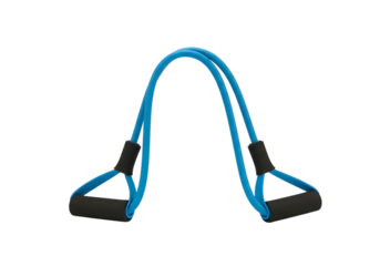 Blue resistance band with black handles for fitness exercises isolated on transparent background