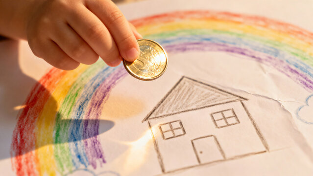 Child's Hand Holding Coin Above Colorful Drawing of House Under a Rainbow