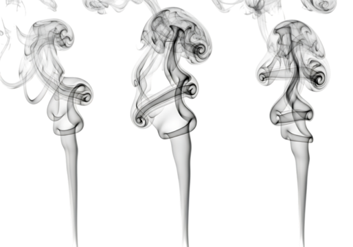 Three abstract swirling smoke forms with detailed textures isolated on transparent background