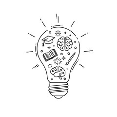 Creative light bulb filled with symbols of knowledge and learning.