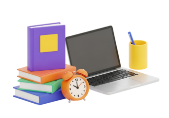 Stack of books laptop alarm clock and pen holder with pen isolated on transparent background