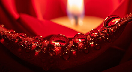 Red Rose Petals with Dewdrops and Candle Flame Reflection