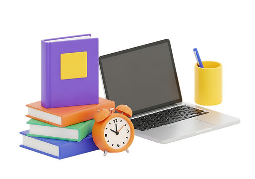 Stack of books laptop alarm clock and pen holder with pen isolated on transparent background