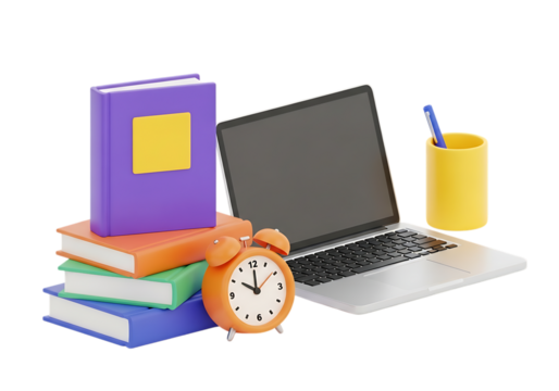 Stack of books laptop alarm clock and pen holder with pen isolated on transparent background