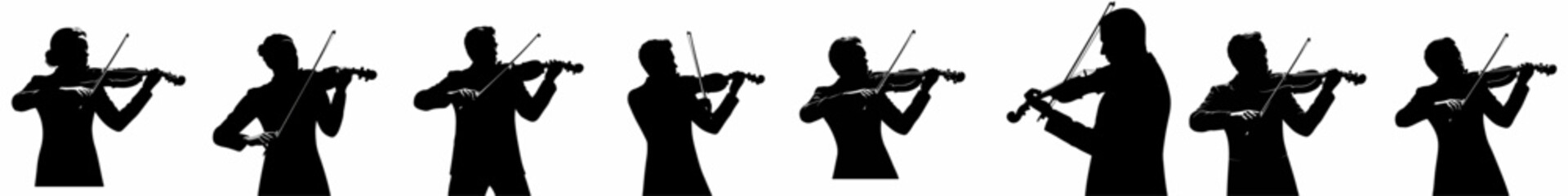 A collection of stylized black silhouettes depicting professional musicians playing the violin and viola, isolated on white background.