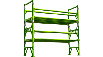 Scaffolding structure with metallic connectors and bright green pipes