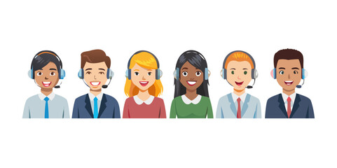 Call center, hotline flat vector illustrations. Smiling office workers with headsets cartoon characters. Customer support department staff, telemarketing agents. Multiethnic, diverse team.

