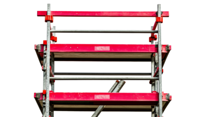 Scaffolding structure with red planks and metal poles