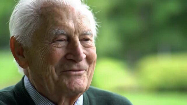 Senior man smiling outdoors, face closeup with blurred green background for interview or testimonial