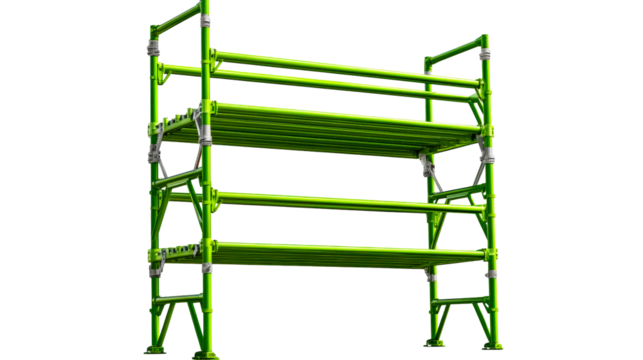 Scaffolding structure with metallic connectors and bright green pipes