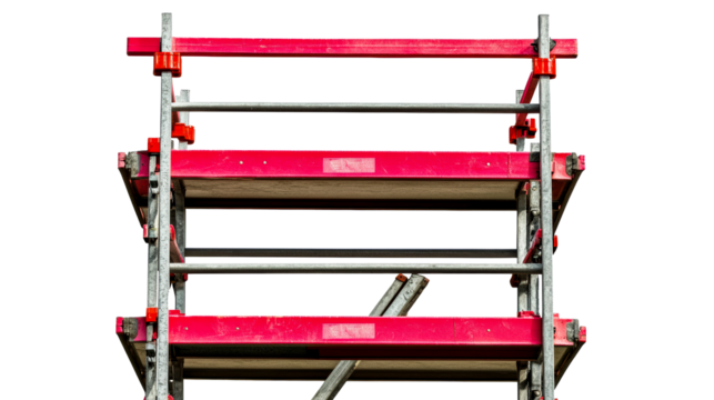 Scaffolding structure with red planks and metal poles