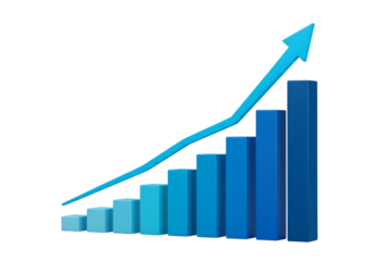 Upward trending blue bar chart with arrow indicating growth and success isolated on transparent background