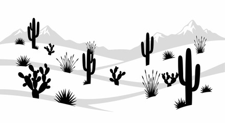 Minimalist black and white desert landscape with various cactus silhouettes and sparse vegetation under a clear sky, framed by distant mountains. © ARSM D