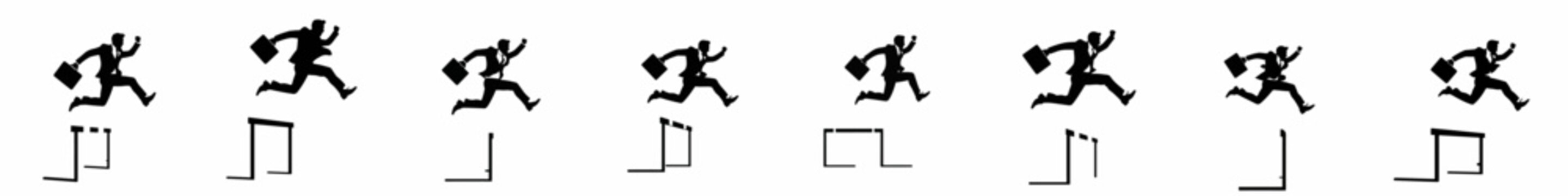 Businessman jumping over hurdles vector illustration set, symbolizing ambition, challenge, success, and overcoming corporate obstacles in a race.